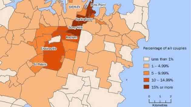 Inner city suburbs popular with same sex couples: ABS