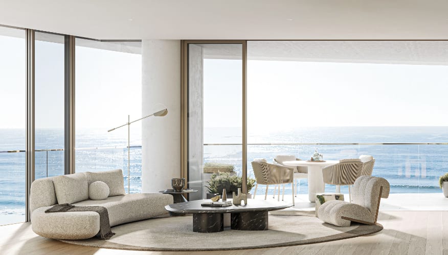 A living room at Aalto with ocean views. Image supplied