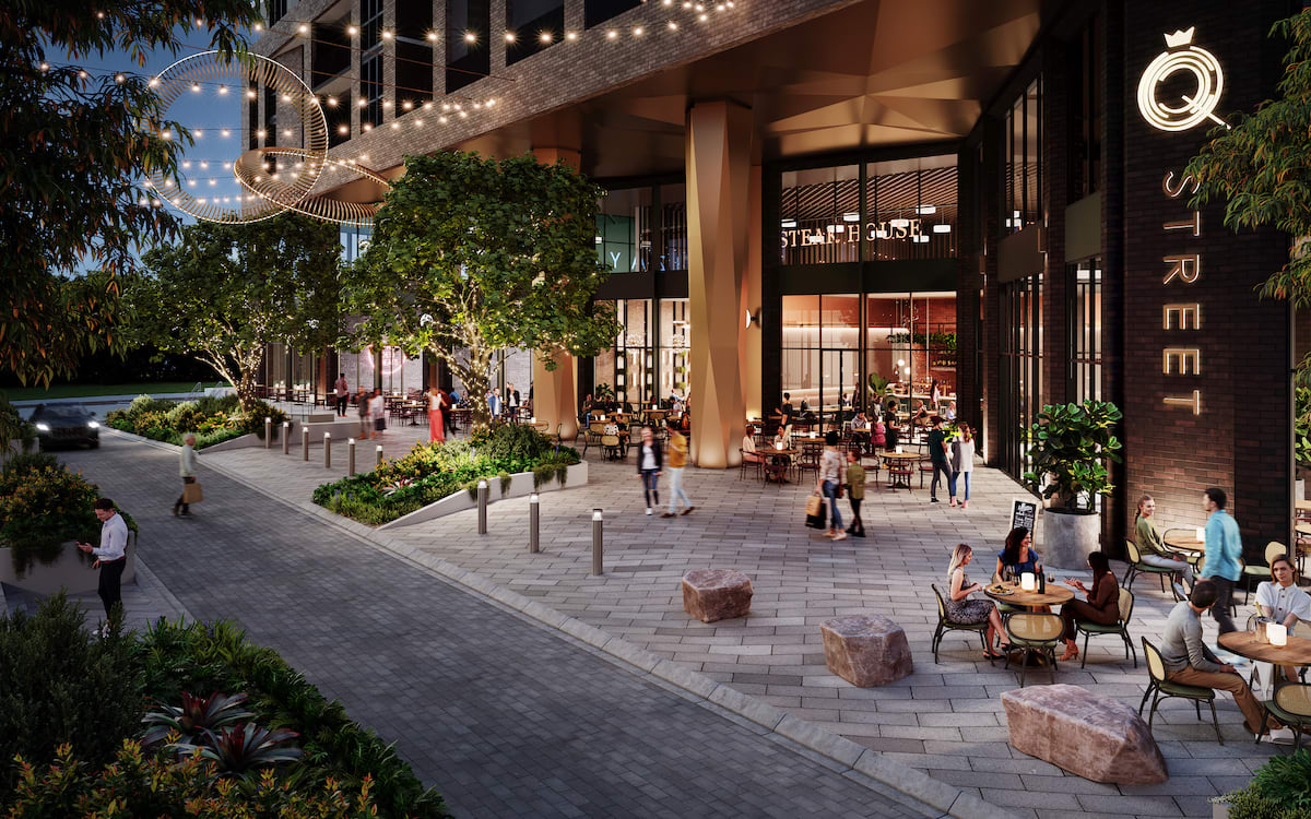 Render of the proposed Eat Street on the groundplane of the Campbelltown project. Image supplied.