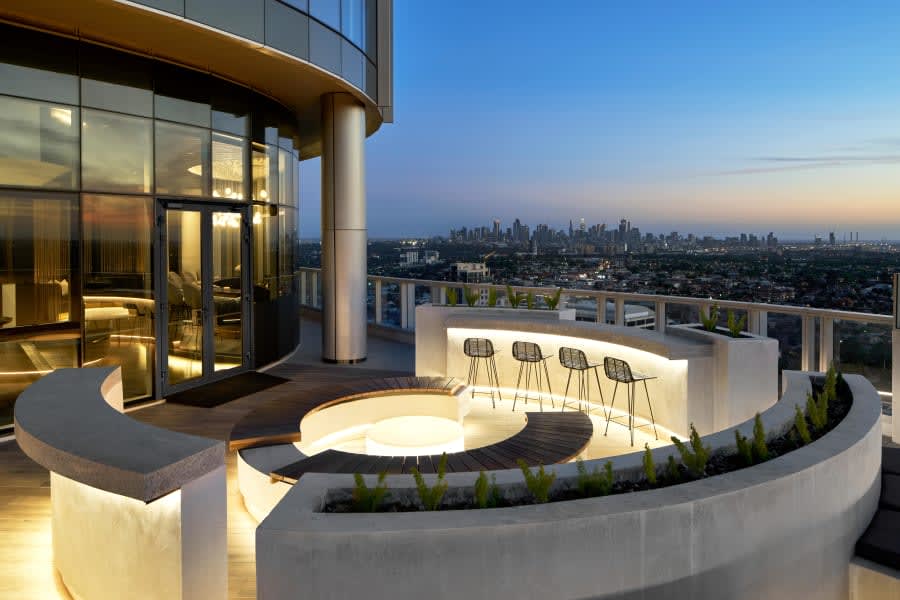Render of the outdoor terrace at Rise overlooking the Melbourne CBD