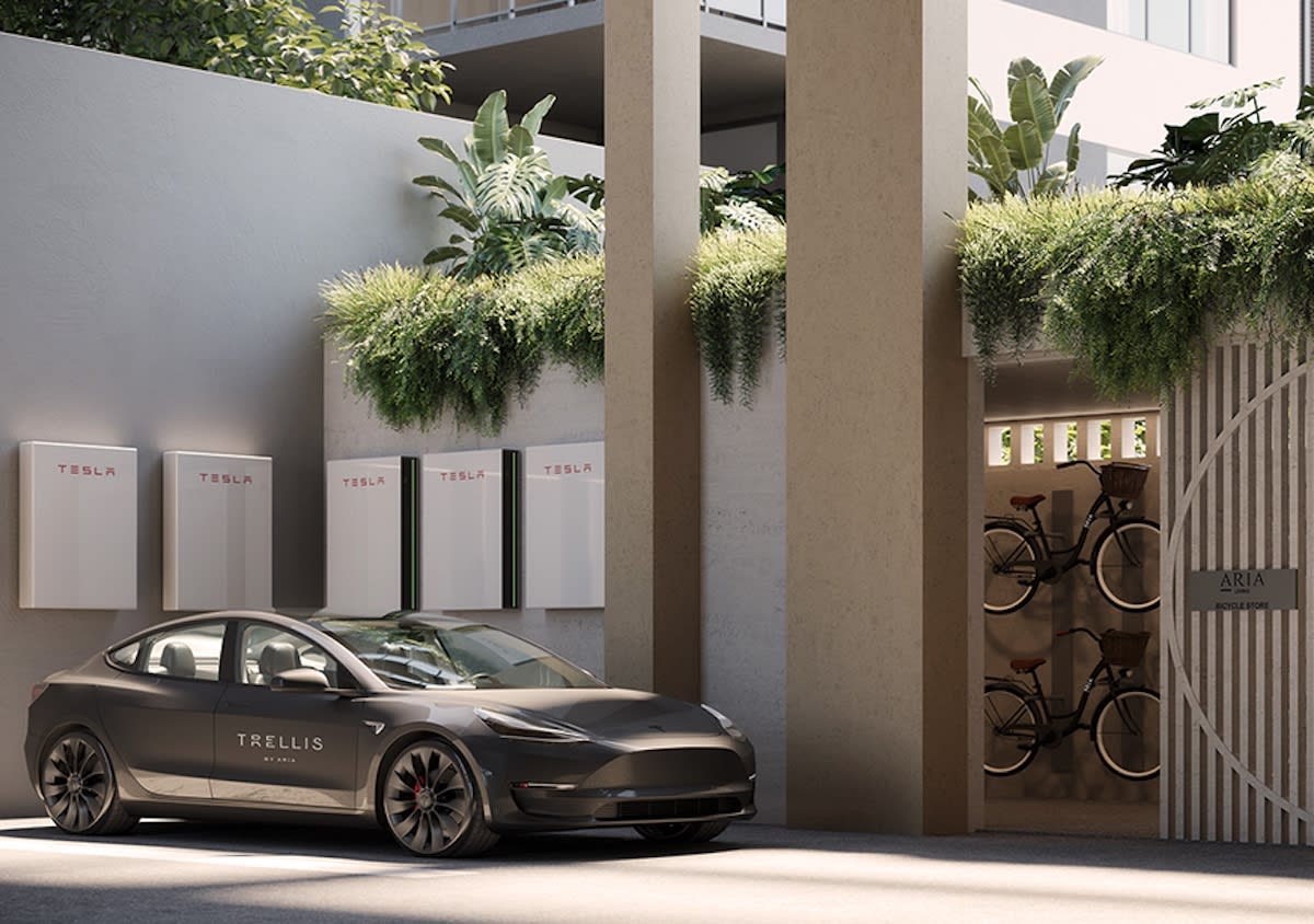 The Tesla charging stations at Trellis. Image supplied
