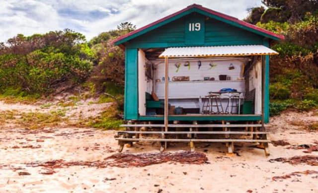 One of the few remaining bathing boxes at Mount Eliza listed for sale