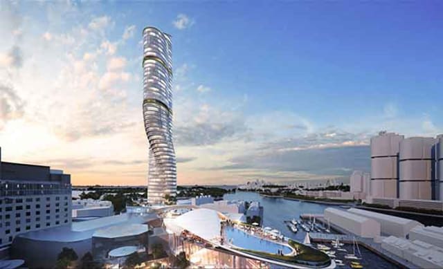 Stack of gambling chips as one of 60 storey Star Casino tower prospects at Pyrmont