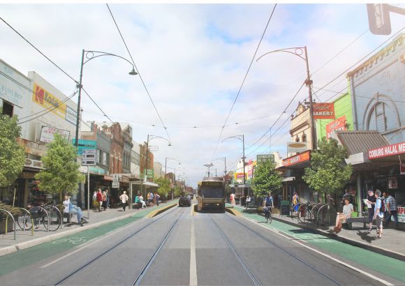 Render provided by OCULUS of Sydney Road in Coburg Letting Sydney Road drown in a traffic sewer is not an option, it's time to revitalise the strip