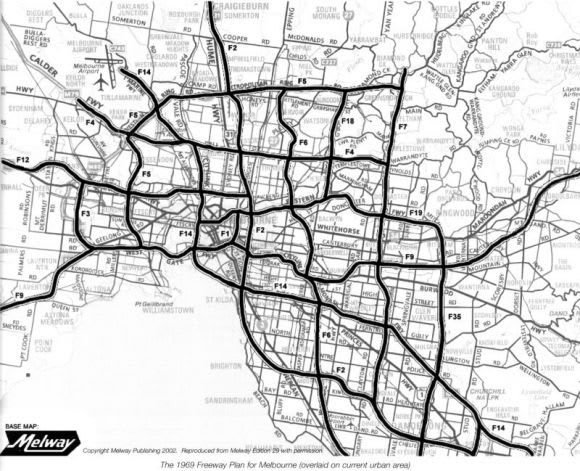 Tradies' paradise of Freeways from the 1969 Victorian Transport Plan. Image from Daniel Bowen's blog Orbital rail lines in Melbourne: where would they go?
