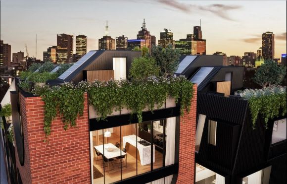 No. 108 rooftop terraces with a city backdrop. Image courtesy FOURSQ Creating a new typology: No. 108 Fitzroy