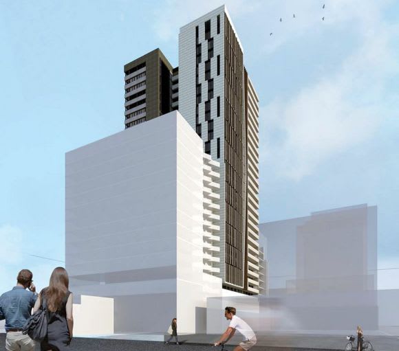 Street level perspective of the proposed tower. Image courtesy Artisan Architects Forrest Hill's apartment numbers are big and getting bigger