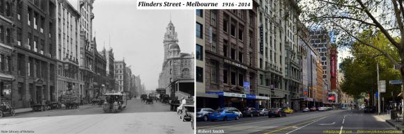 Flinders Street over time. Image courtesy Past 2 Present Past 2 Present: a snapshot of Melbourne's history