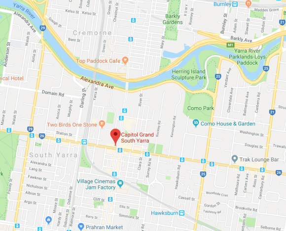 Location of 241 Toorak Road, South Yarra. Image by Google Maps. Capitol Grand location