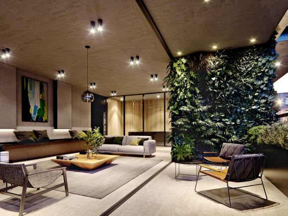Rendering of the communal lounge space. Rendering of the communal lounge space.