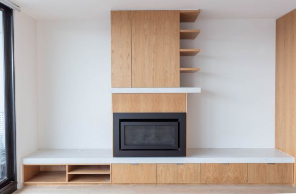 Interior fireplace and storage. Credit: Valeo Construction Spotlight on sustainable: The General, Melbourne
