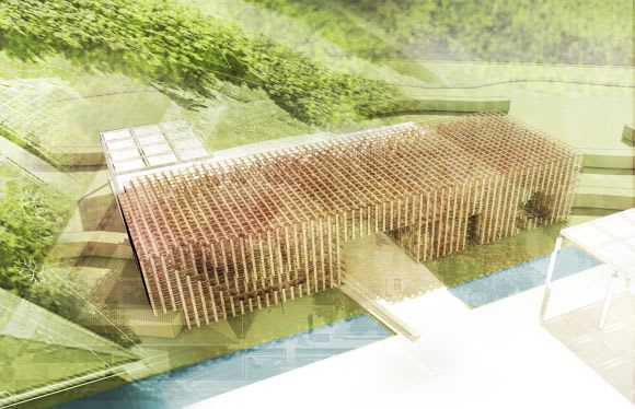 Aerial of pavilion relative to NGV and Gardens. NGV Pavilion 2016: Laurence Dragomir and Isaac Mortimer