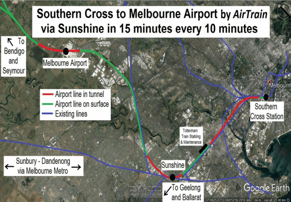 Screen grab from the Rail Futures Institute's Airtrain presentation - source The spotlight briefly shines on Melbourne Airport Rail Link once again