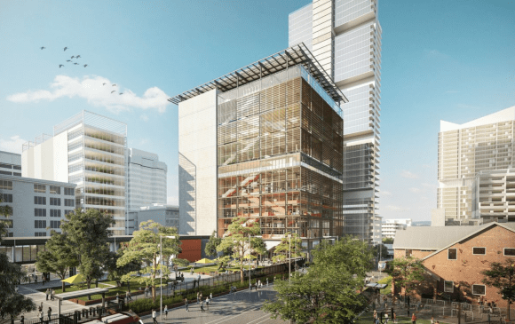 Arthur Phillip vertical school by Grimshaw Architects and BVN Architecture. Parramatta: Suburb Guide. Highlighting new developments in Sydney's second CBD