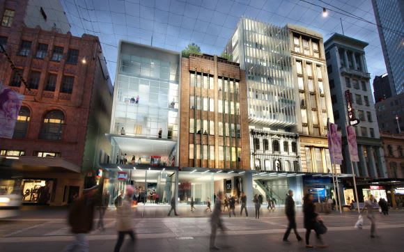 Artisan Architects' unbuilt scheme for The Walk Arcade as seen from Bourke Street Mall. Image : Artisan Artchitects Updated designs for The Walk Arcade & Hotel revealed?