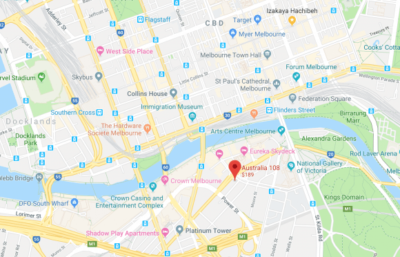 Location of Australia 108 across the Yarra River at 70 Southbank Boulevard. Image by Google Maps. Australia 108 location