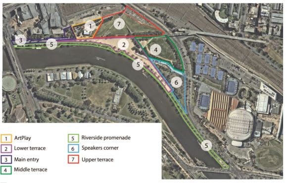 Birrarung Marr has been divided into seven zones for community feedback. Image : City of Melbourne City of Melbourne calls for submissions for Birrarung Marr Master Plan