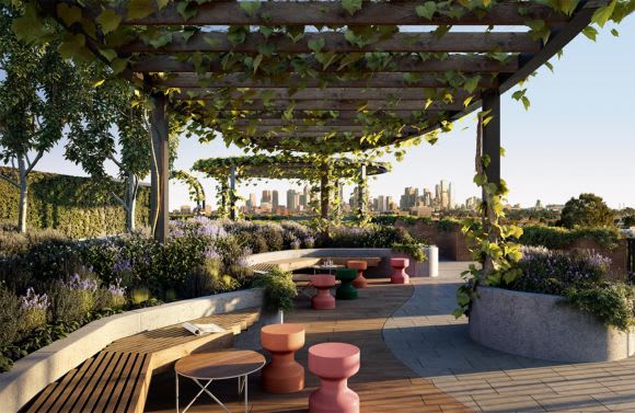 Rendering of the communal rooftop garden. How living in a mixed use precinct can benefit you