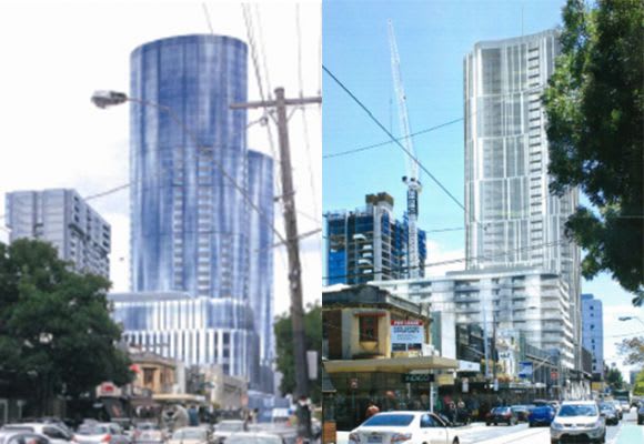 Image comparing the initial Bates Smart scheme to that currently seeking approval. Image © Bates Smart Sixth time lucky at the Fun Factory?