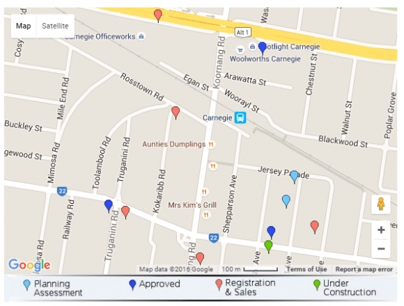 Screen capture over Carnegie from the Urban Melbourne Project Database map Was the Dandenong corridor's fate sealed with the new residential zone rollout?