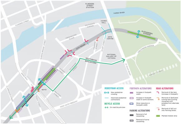 Proposed changes to City Road. Map from Participate Melbourne City of Melbourne releases draft City Road master plan
