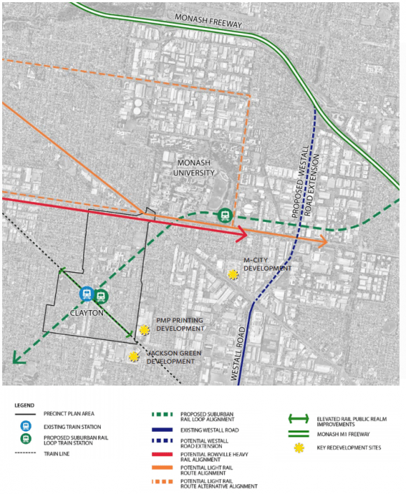 Major transport routes in the context of the Clayton precinct plan. Image: TRACT Consultants/City of Monash Suburban Rail Loop in focus: Clayton & the Monash NEIC