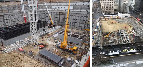 Collins Arch construction progress. Images: (L-R) redden, Zekebe Three Collins Street projects begin their skyward ascent