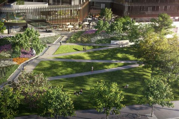 Rendering of the public park at the foot of the complex. Image by Cox Architecture. MELBOURNE SQUARE construction update