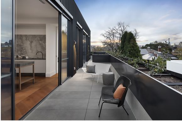The 200sqm penthouse enjoys large outdoor terraces and city views. Image: Supplied The Englefield brings hotel-style living and craftsmanship to South Yarra