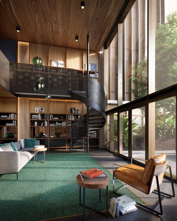 Escala NewQuay's light-filled library featuring the signature spiral staircase (as seen in the display suite tour) Urban’s tour of the Escala NewQuay display suite