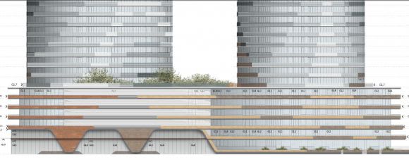 Detail elevation of podium materiality and texture elevations highlighting height variance and facade articulation. © Koichi Takada Architects A Sister Act: 839-899 Collins Street, Victoria Harbour
