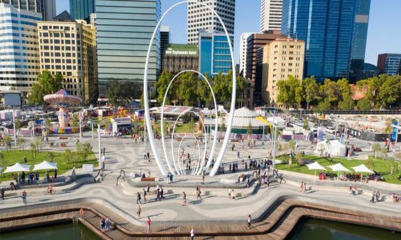 First Contact artwork by indigenous artist Laurel Nannup. Image: MRA Perth's Elizabeth Quay named UDIA's best for urban renewal