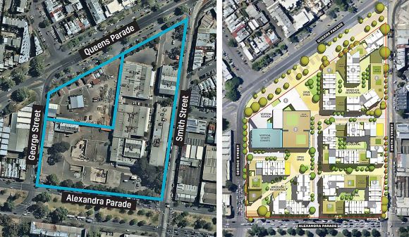 Before and after - the indicative master plan for the Fitzroy Gasworks site. Image: Development Victoria The Andrews Government commits to vertical school at Fitzroy Gasworks site