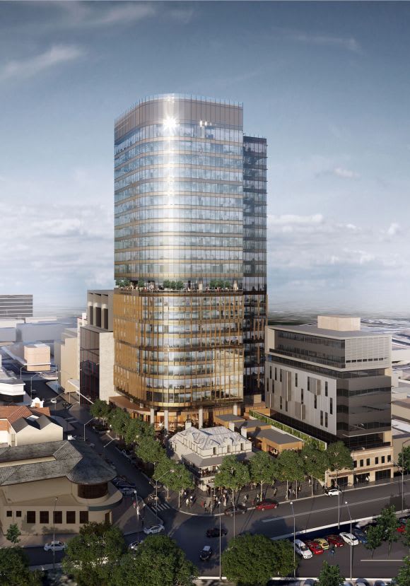 Render of the Liverpool Quarter precinct with incorporated civic space and heritage buildings. Fender Katsalidis' Liverpool Quarter Tower receives the green light