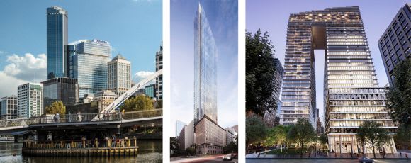 Olderfleet (Mirvac), Collins House (Golden Age), Collins Arch (Cbus Property) Three Collins Street projects begin their skyward ascent