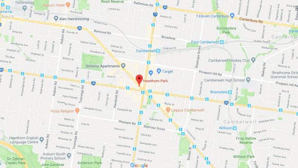 Location of Hawthorn Park, Camberwell. Image by Google Maps. 208 Camberwell Road, Hawthorn East. Hawthorn Park location