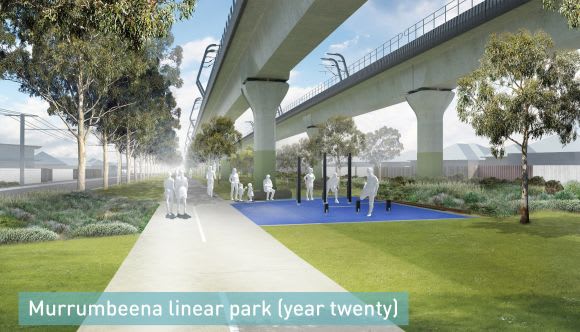 Render depicting new parkland near Murrumbeena 20 years after construction completes - image LXRA Wraps come off new linear park plans between Caulfield and Dandenong