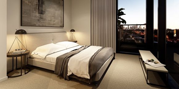 Seamstress bedroom with a view to Melbourne's CBD. Image: Est8 Agency Secure your new home in Seamstress, Brunswick East