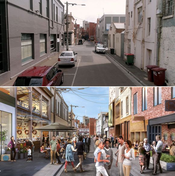 Before and after expectations for a typical Geelong laneway. Image: Revitalising Central Geelong Geelong's emergence bolstered by Revitalising Central Geelong