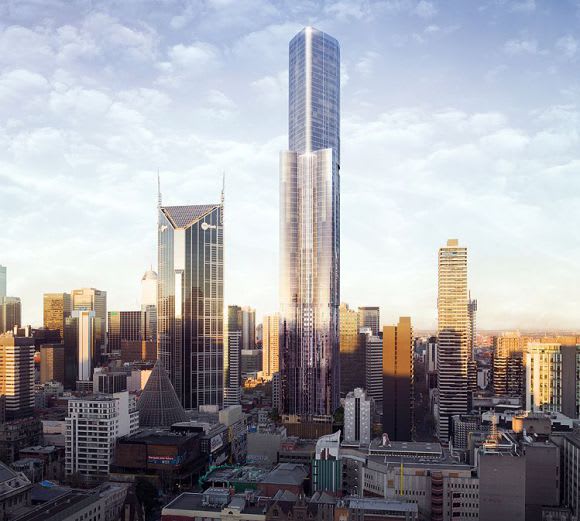 Aurora's latest rendering depicting the giant tower in situ. Image courtesy Elenberg Fraser The CBD's tallest building officially begins construction