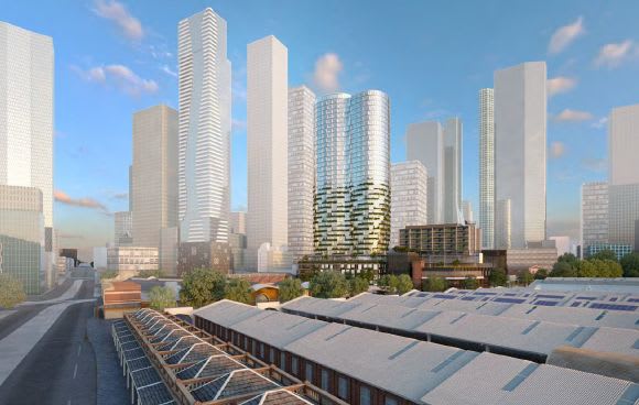 CBD skyline with Munro to the fore. Planning image: Bates Smart / 6 Degrees Architects Big numbers sought for PDG's Munro Site development