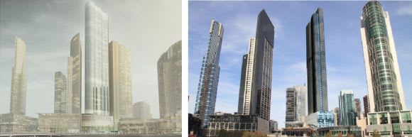 The revised Queensbridge Tower and the nneigbouring The Falls development. Images: Bates Smart and Bruce Henderson Architects All in good time: The evolution of One Queensbridge
