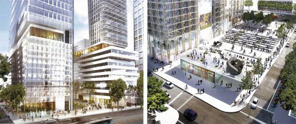 One outcome includes implementing a large public space. Image courtesy SHoP / Woods Bagot Cbus Property seeks a sky-high planning scheme amendment for 447 Collins