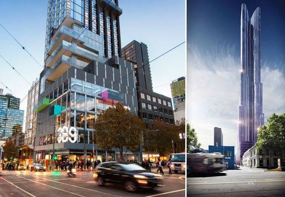 Left: tower approved on 371-391 Swanston Street. Right: Aurora Melbourne Central Melbourne Metro CBD station details emerge