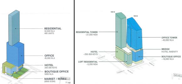 Alternative Spire (left) and Bridge concept designs. Image courtesy SHoP / Woods Bagot Cbus Property seeks a sky-high planning scheme amendment for 447 Collins