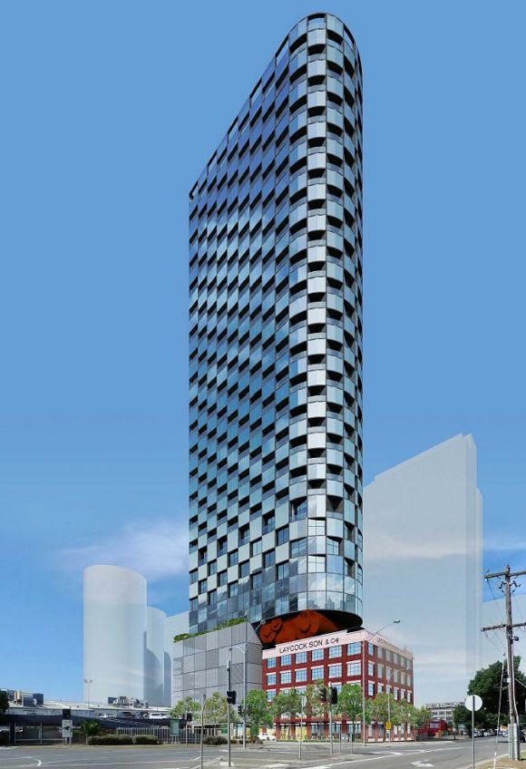 Street level perspective of the intended tower.Planning image: peckvonhartel Corten of contention: peckvonhartel's new Fishermans Bend tower in focus