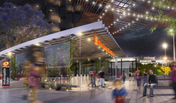 The envisaged station with The Gabba to the rear The Gabba's redevelopment at the heart of a wider precinct regeneration