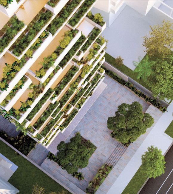 Aerial render of the tower's green exterior. Planning image: Bates Smart Lian Beng Group enter Melbourne with 596 St Kilda Road
