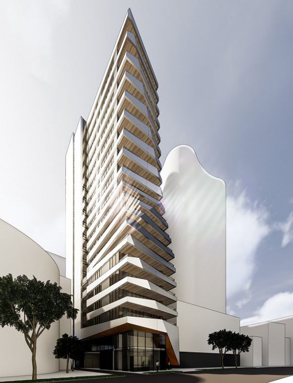 Intended development with approved adjacent building. Planning image:Rothelowman Frater Group enters the high-rise game in South Melbourne