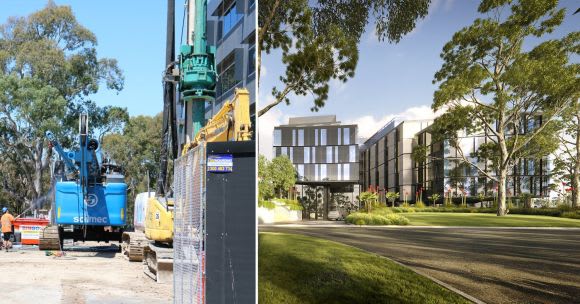 Ground works are active across both Rothelowman-designed buildings. Construction works echo around Botanicca as further office buildings await